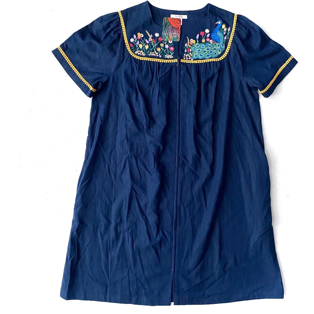 Go Softly Nwt Embroidered Peacock Short Sleeve Zip Front Denim Patio Dress